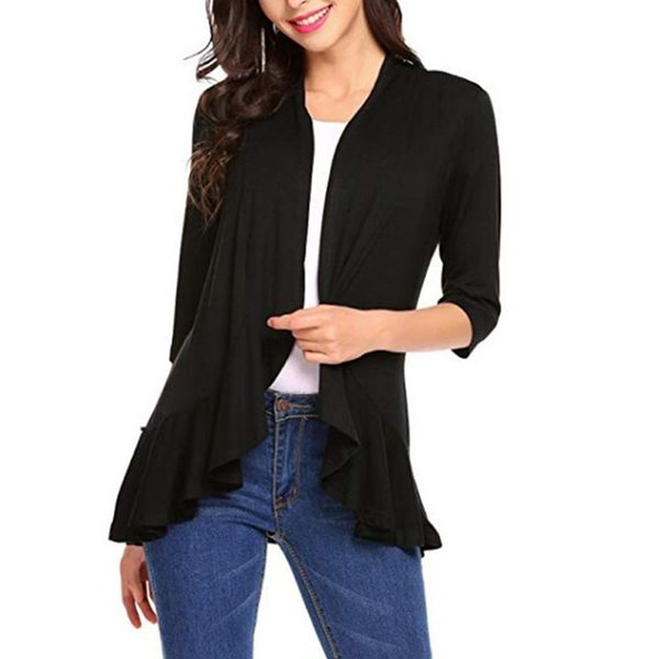 

women fashion solid 3/4 sleeve open front ruffles causal lightweight kimono cardigan spring fall black female outwear, Black;brown