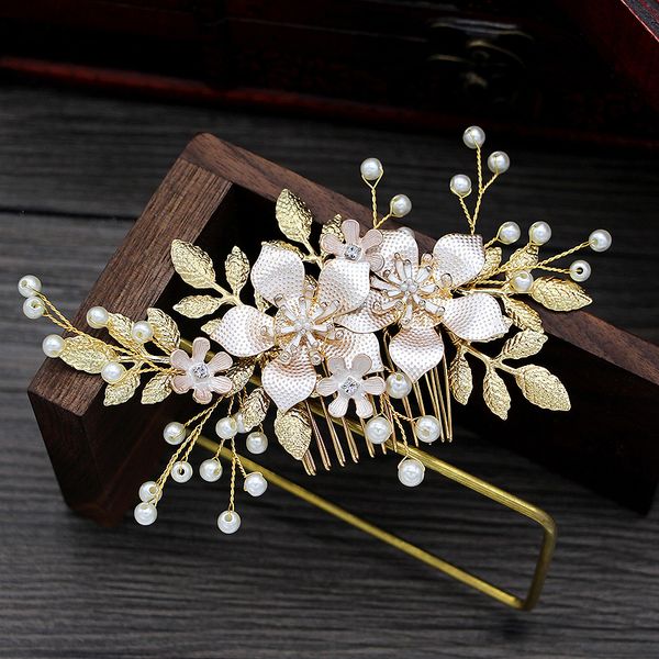 

large fashion handmade golden flower leaves women hair combs pearl bridal headpiece comb for wedding accessories jewelry, Golden;white