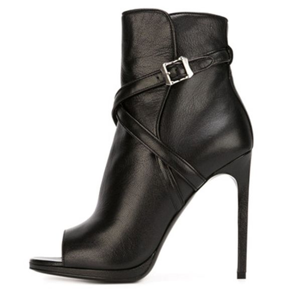 

epher peep toe heeled boots crisscross buckled ankle boots pu leather stiletto, Black