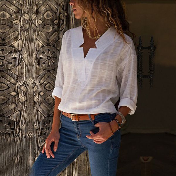 

summer autumn women v-neck long sleeve loose blouse white cotton linen casual blouse arrival ladies loose shirt sale