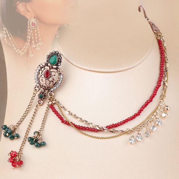 Mode-Indien Ethnische 1Pcs Ohrring link Kopfschmuck Antike Gold Lange Quaste Ohrringe Für Frauen Kristall Blume Retro Schmuck