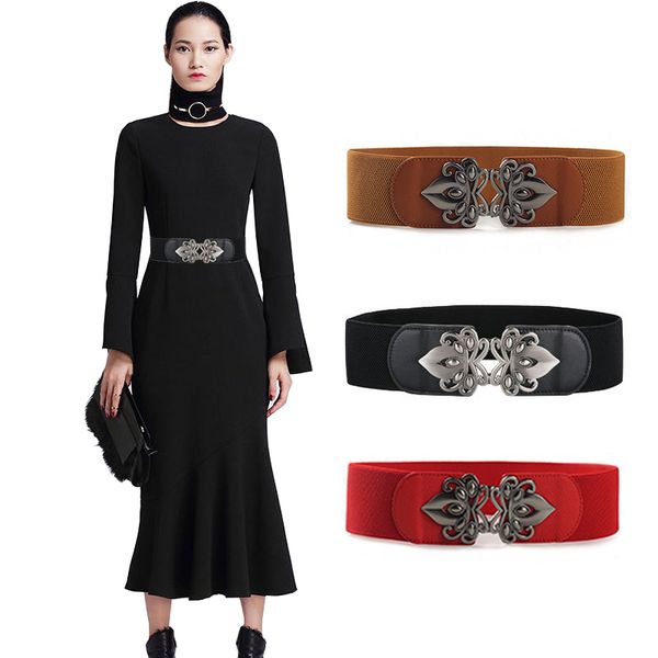 

women's waist belt elastic band ladies black white dress with elastic band ornaments gift women's body shaping stretch wide belt, Black;brown