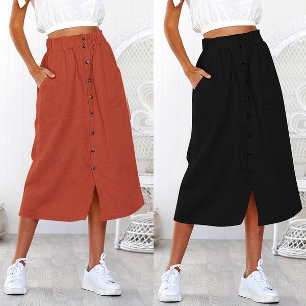 

2019 new saias midi para as mulheres skirts womens daily summer bohemian high waist line button beach wrap maxi long skirt #7, Black