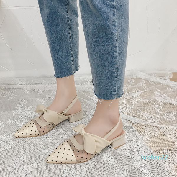 

women shoes ladies sandals 2020 spring and summer new wave dot mesh yarn pointed bow heel sandals woman sandals l22, Black