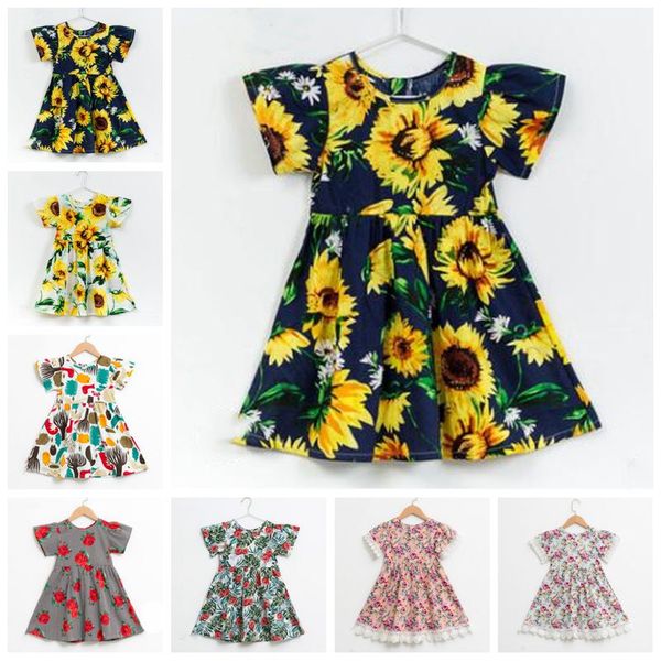 Mädchen Kleider Baby Blume Sonnenblumen Kleid Kinder Boutique Prinzessin Kleid Sommer Casual Kleider Gedruckt A-Linie Kurzarm Spitzen Kleider B5763