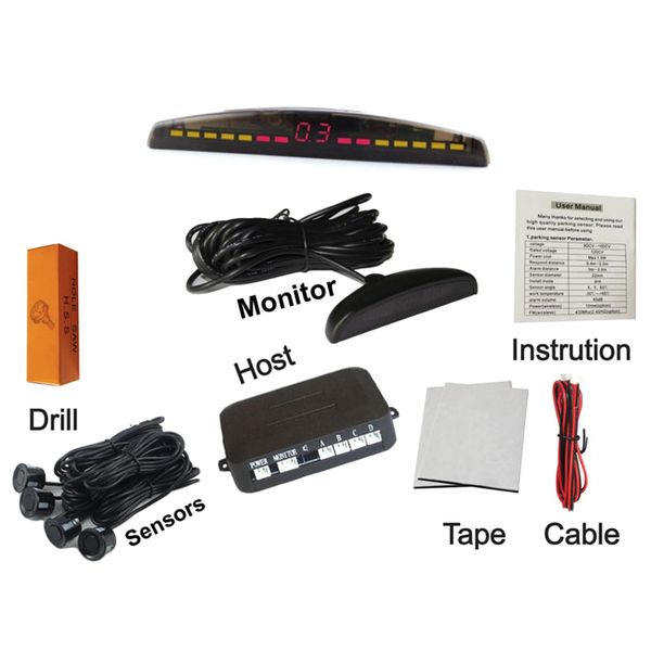 

car reversing parking radar sensor set led display 4 probes vehicle audio buzzer sound alarm kit m8617