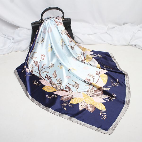 

2019 fashion kerchief silk satin neck scarf for women print hijab scarfs female 90*90cm square shawls and wraps scarves for lady, Blue;gray