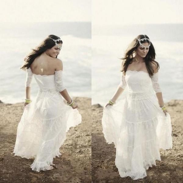 

2019 new summer lace beach wedding dresses vintage bohemian bridal gowns strapless boho brides gowns vintage dress with short sleeves 1175, White