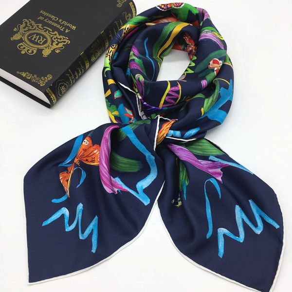 

Brand new style women's square scarves 100% silk good quality deep bule color print butterfly flowers size 130cm - 130cm