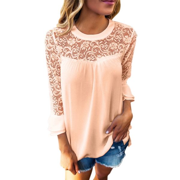 

sweet women lace stitching hollowed casual t-shirts loose seven sleeves chiffon, Blue;gray