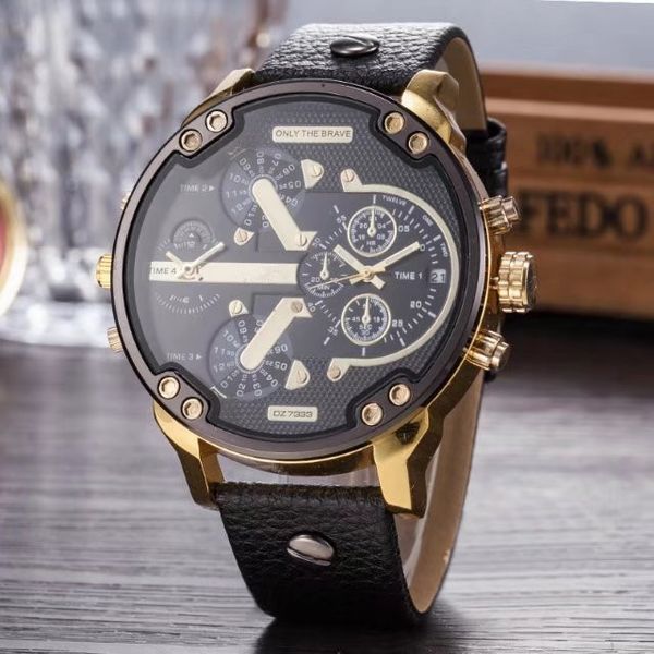 

multi time zone wristwatch montre luxe military clock leather strap 53mm big dial dz stainless steel watch men's sport quartz watch, Slivery;brown