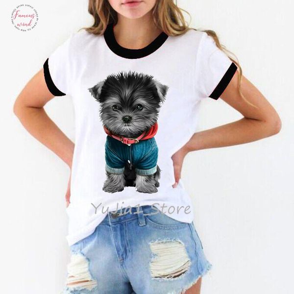 

female t shirt kawaii yorkies print tshirt women summer streetwear woman clothes dog lover tees chemise femme t shirt, White