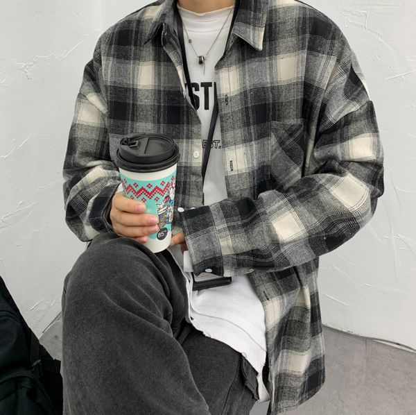 

2020 весной и осенью новая молодежь популярная корейская плед с длинным рукавом мода повседневная сыпучие wild top black / синий -xl, White;black