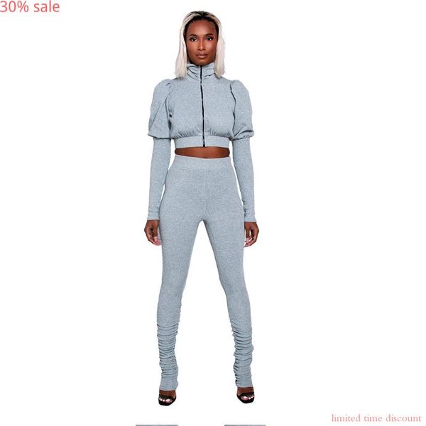 

women two piece sweater outfits 2020 winter women sets turtleneck full sleeve zip crop pants suits 2 piece set casual sport, White