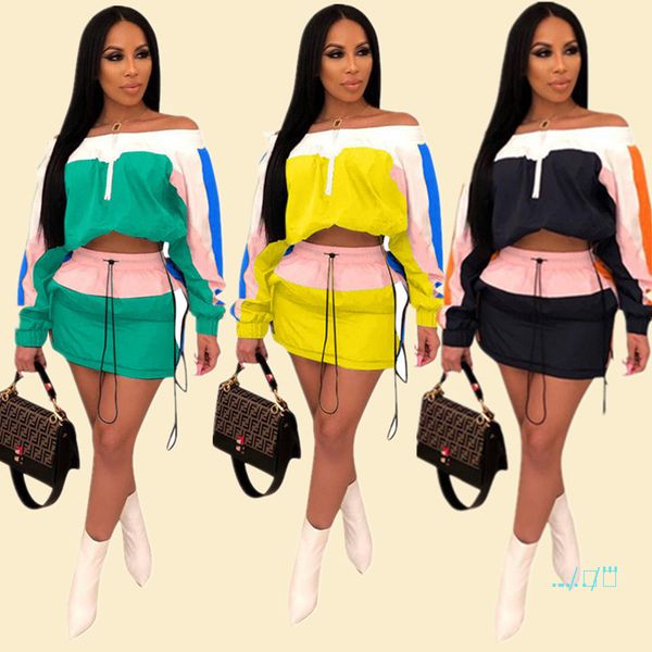 

color match patchwork women summer tracksuit sun-protective outfits long sleeve shoulder out jacket short dress 2 piece sportswear a3252, White