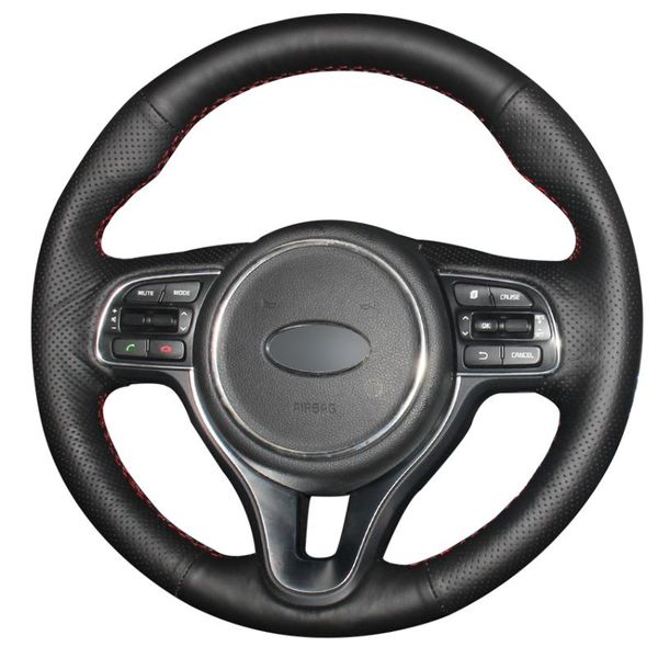 

hand sew black genuine leather car steering wheel cover for kia k5 optima 2016-2018 sportage kx5 2016-2019 niro 2017-2019