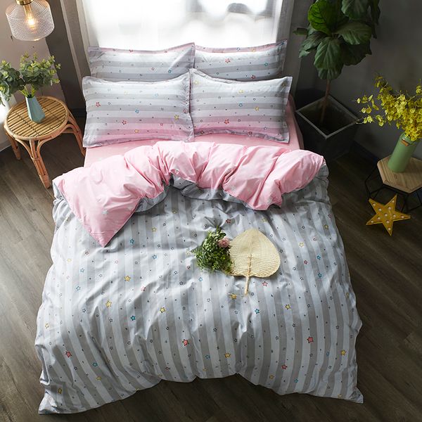 

cartoon star bed linen girls striped duvet cover set pink bed sheet pillowcase 3/4 pcs twin full  king lovely bedding sets