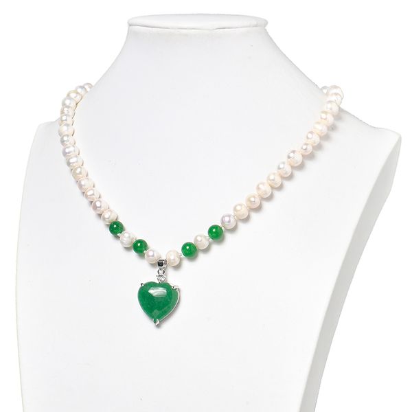 

wholesale 22x23x9mm dark emerald green heart shape pendant with 8-9mm natural white pearls for women necklace jewel 8inch h504, Silver