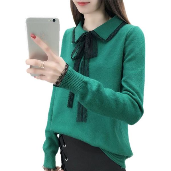 

aprmhisy autumn winter new women sweaters elegant bow tie turn down collar lace patchwork knitted pullovers jumpers, White;black