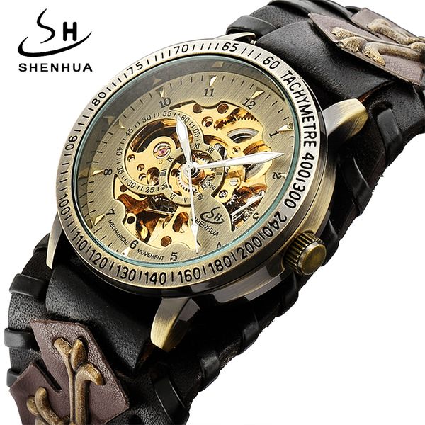 

shenhua ретро готический бронзовый скелет автоматические механические часы мужчины стимпанк автоподзавод часы часы reloj hombre, Slivery;brown