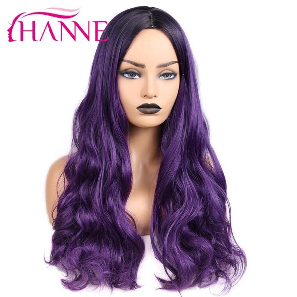 

synthetic wigs hanne long wavy deep purple black root for women african american natural middle part heat resistant