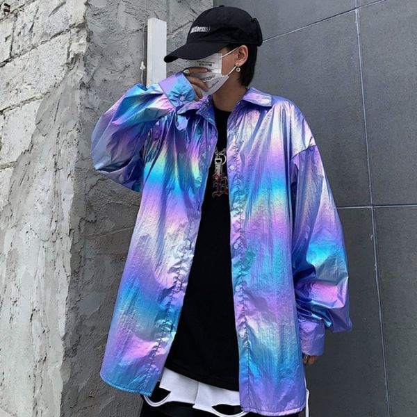 

spring gradient shirt men's fashion loose hip hop couple shirt streetwear casual shirts mens wild long-sleeved men, White;black