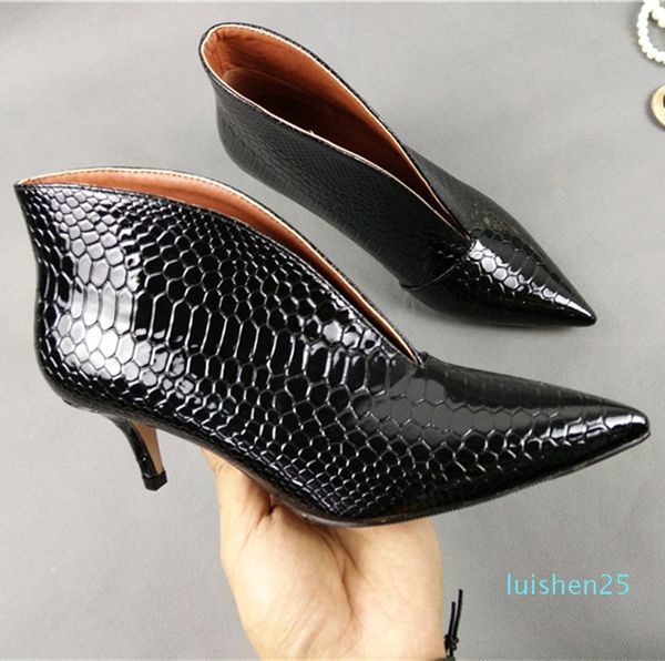 

pointed toe v mouth stilettos single shoes small big size thin high heel shoes women snake patent leather pumps women shoes l25, Black