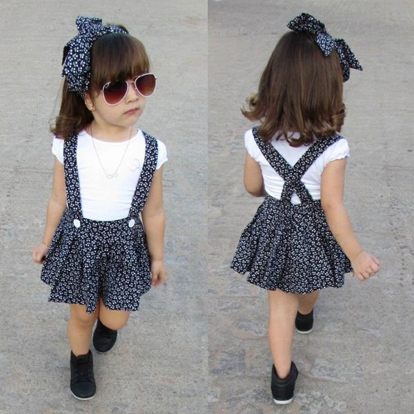 

3 pieces short sleeve t shirt floral suspender skirt with headband set for toddler girl summer spring, White