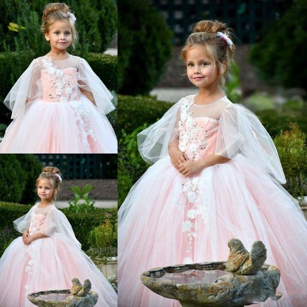 Lindo vestido de baile vestidos da menina de flor para o casamento rosa sheer neck flora apliques meninas pageant vestidos crianças comunhão dress custom made