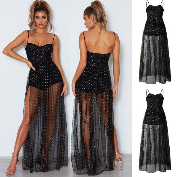 

womens spaghetti strap mesh sheer see through long maxi dress split evening party polka dot print sundress summer, Black;gray