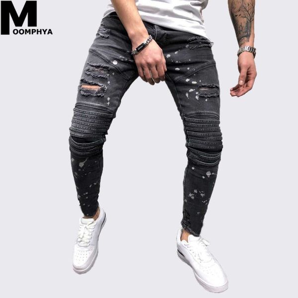 

moomphya destroyed holes skinny jeans men stylish ripped distressed jean homme black biker jeans hip hop streetwear men, Blue