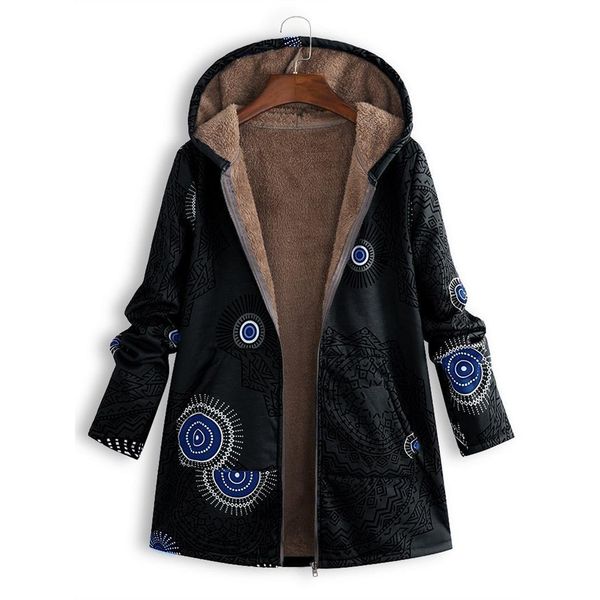 

новая мода женщины повседневная hooded печать карманных, zipper сгущает хем, regular подходят long-линии хем пальто outwear, Black