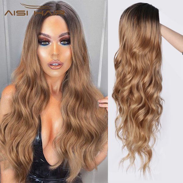 

aisi волос 26inches nature wave парик ombre черный парик браун средняя часть жаропрочных синтетического волокна волос длинные парики для жен, Black
