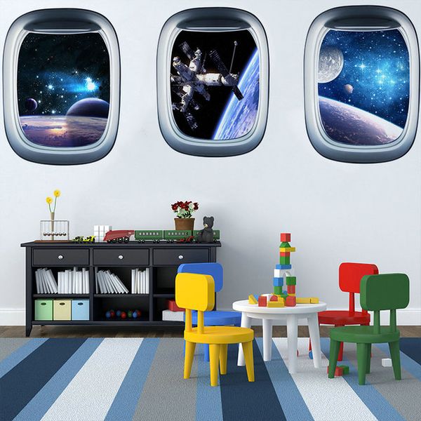

retail 3 styles kids 3d wall stickers starry sky planet spaceship fake window living room bedroom sticker home decor decorative painting