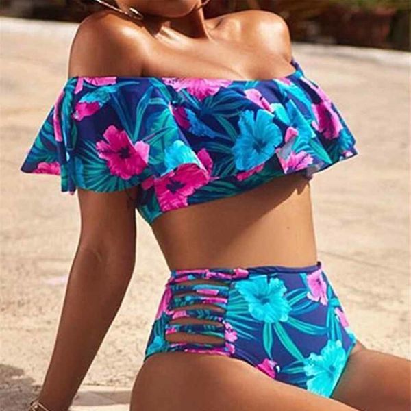 

tcbsg bikini women swimsuit ruffle swimwear female print biquini high waist bathing suits off shoulder swimwear bikinis y19072401, White;black