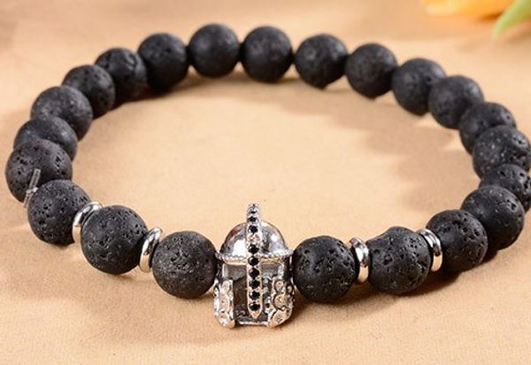 

8mm gh353 helmet cz zircon cubic zirconia elastic adjusted black volcanic lava bracelet stone bead essential oils diffuser