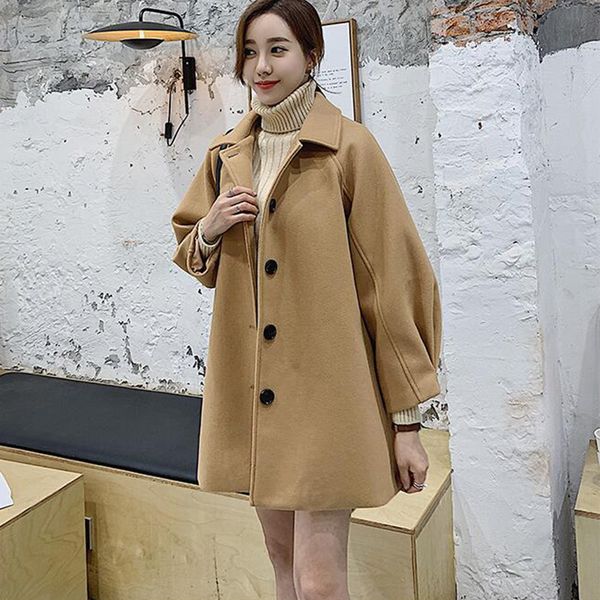 

2019 new autumn winter woolen coat female korean version harajuku style student loose large size retro wild woolen coat cc1357, Black