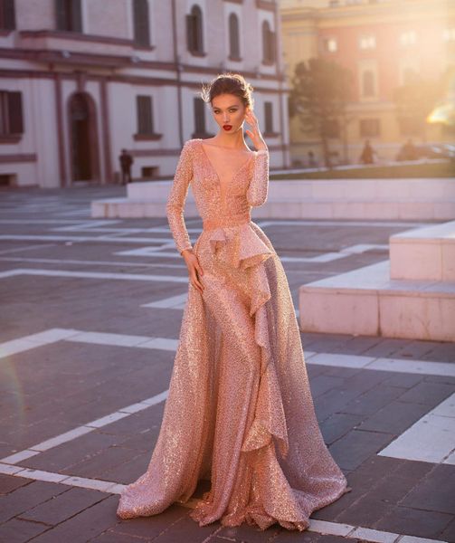 

2020 румяна розовый блестками русалка пром платья со съемным поездом сексуальные длинные рукава глубокий v образным вырезом вечернее вечерне, Black