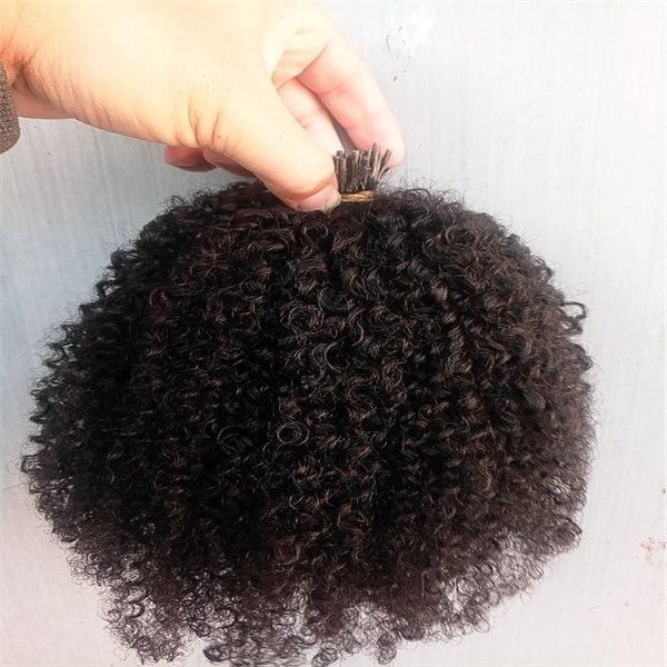Brasilianische menschliche Afro-Kinky-Curly-I-Spitze, vorgebundene Haarverlängerungen, natürliche schwarze Farbe, 1 g/Stück, 100 Stück, ein Bündel