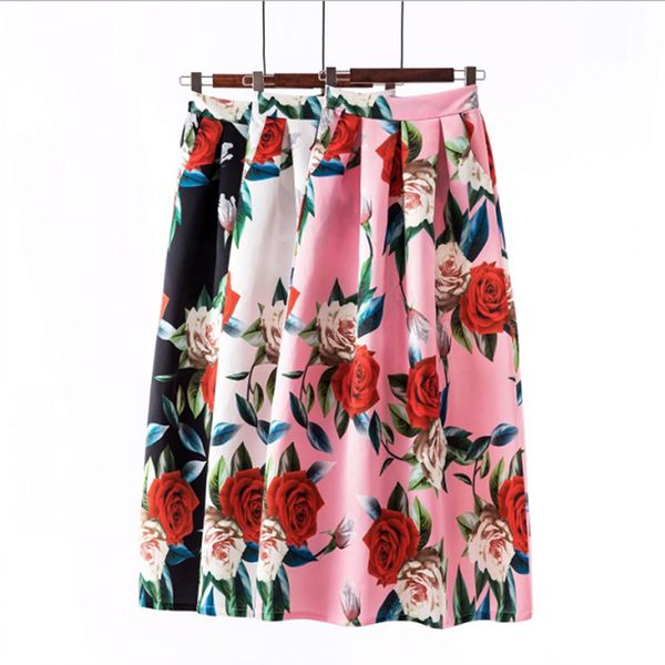

new ladies floral print high waist summer skirts maxi skirt womans elegant long flower pleated vintage female skirts, Black