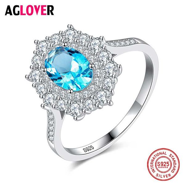 

aglover authentic 925 sterling silver ring blue zircon fashion for woman wedding jewelry charm flower ring couple gift, Golden;silver