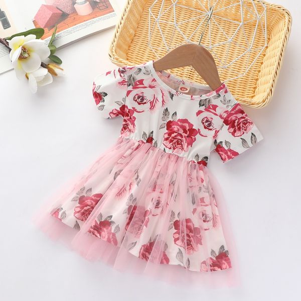 

girls' dress european and american style flower print girls short sleeve mesh princess dress summer sleeveless, Red;yellow