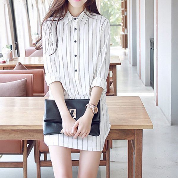

jaycosin fashion women 2019 shirt dress long sleeve lapel stripe dress leisure female brand commute dec 05, Black;gray