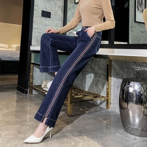 

straight tube jeans women's loose autumn thin high waist women's casual pants elastic large size sagging wide leg pants, Blue