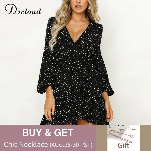 

dicloud v neck polka dot black mini dress autumn winter women long sleeve wrap dress elegant party dresses ladies, Black;gray