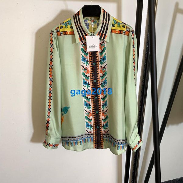 

высокого класса женщины девушки шелковая рубашка многоцветный в полоску цветочный печати нагрудные шеи длинным рукавом старинные блузка модн, White