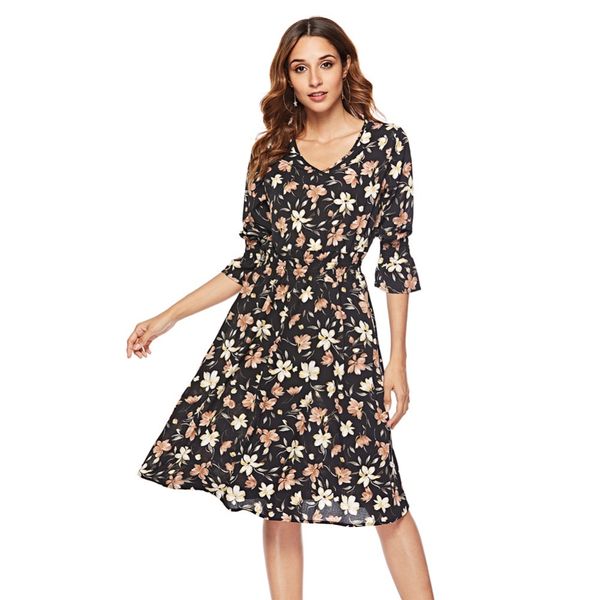 

sishion women summer dress flare sleeve black white pink plus size chiffon dress cd0904 casual floral beach, Black;gray