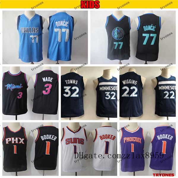 

kids city miami nba heat dwyane wade doncic 77 devin booker 1 karl-anthony towns andrew wiggins 22 basketball jerseys, Black;red