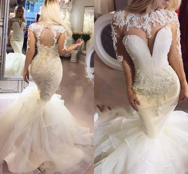 

sparkling mermaid wedding dresses with lace appliqued floor length custom made wedding bridal gown illusion long sleeves, White