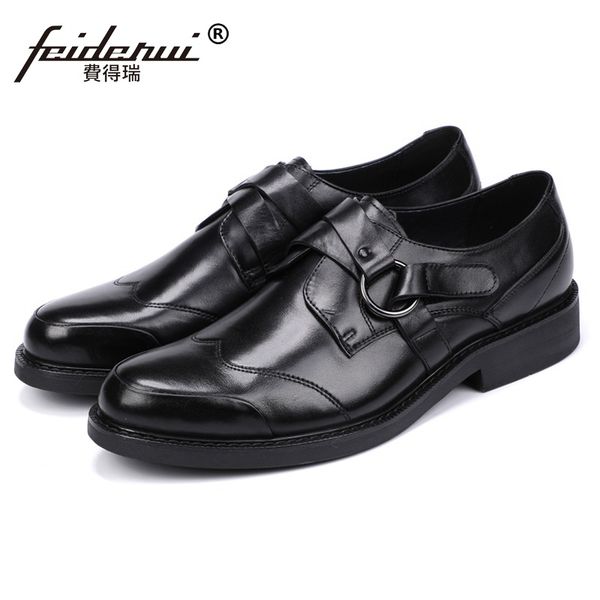 

stylish man handmade comfortable office shoes genuine leather round toe hook loop men's formal dress platform footwear js143, Black